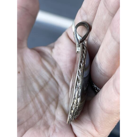 VTG Sterling Silver Banded Agate Pendant, Signed JS, Navajo Native Style, SW 2” - Picture 6 of 8